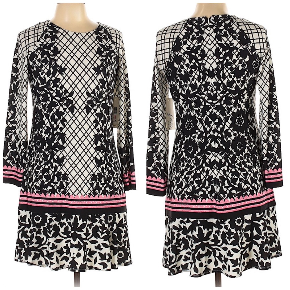Eliza J Black White Grid Floral Shift Dres… - Picture 1 of 9